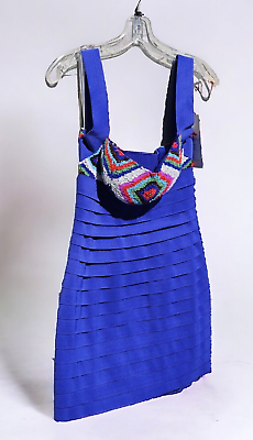 #ad SHERRI HILL PROM MINI SKIRT DRESS SIZE 2 HUICHOL BEADED ROYAL BLUE PADDED BRA $177.99