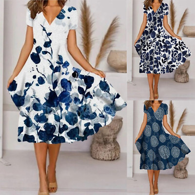 #ad Womens Boho V Neck Floral Midi Dress Ladies Summer Beach Evening Party Dresses $22.49