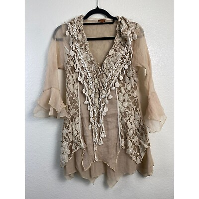 #ad Scully Silk Womens Tunic Top size Small Beige Western Chic Festival lace Boho $45.00