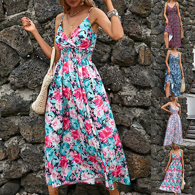 #ad Womens Floral Long Maxi Dress Boho Summer Beach Holiday Strappy Cami Sundress $19.77