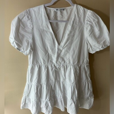 #ad Women#x27;s ZARA white BOHO tunic tiered dress Short dress short sleeve size M $25.00