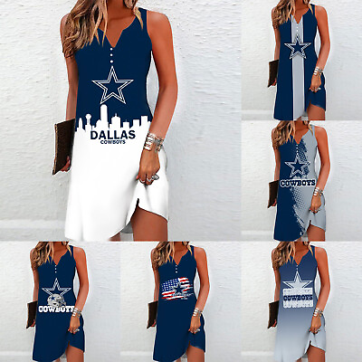 Dallas Cowboys Womens Sleeveless Shift Dress Summer V neck 3 Button Tank Dress $22.79