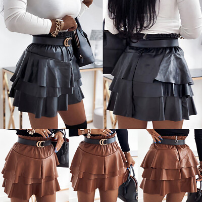 #ad Womens PU Faux Leather Ruffle Mini Skirts Ladies Wet Look Bodycon Party Dresses $30.49