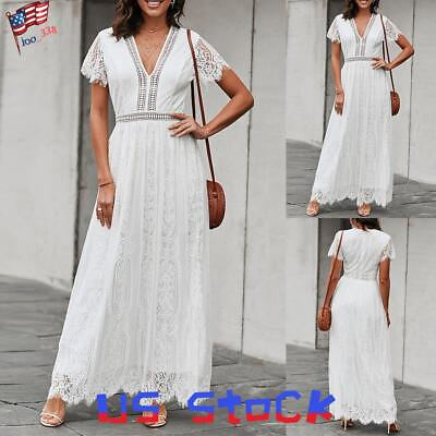 #ad Womens Summer Lace Short Sleeve V Neck Long Maxi Dress Beach Holiday Sundress $29.59