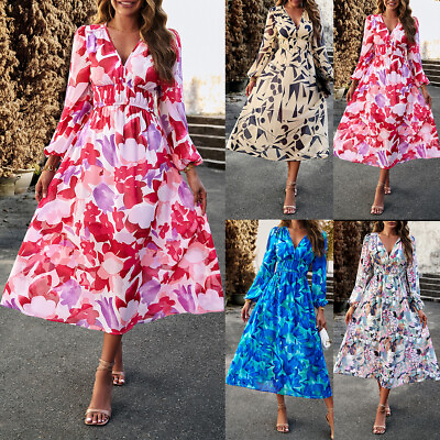#ad Women Chiffon V Neck Long Sleeve Floral Maxi Long Dress Ladies Holiday Dresses $31.49
