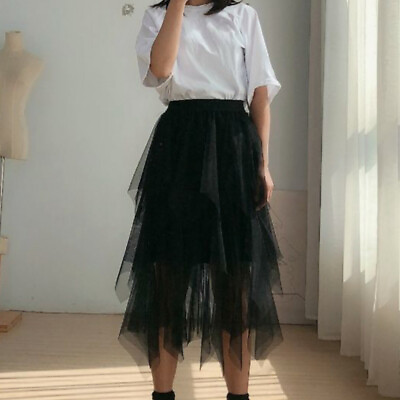 #ad Women Layered Mesh Tulle Asymmetric Puffy Skirt Ruffle Tutu Gauze Midi Punk $23.39