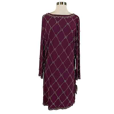 #ad Betsy amp; Adam Women#x27;s Cocktail Dress Size 18W Purple Beaded Long Sleeve Sheath $69.99