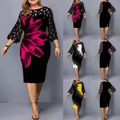 US Women Floral Mesh Bodycon Dress Ladies Evening Cocktail Party Dress Plus Size $29.51
