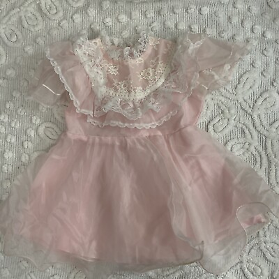 #ad VTG Merry Girl Pink Lace Party Dress Girls 3t Sheer Ruffles $29.00