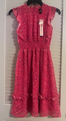 #ad New AQUA Pink Specks Flutter Maxi Dress Girls Round Neck Ruffle Trim Medium 9 10 $28.99