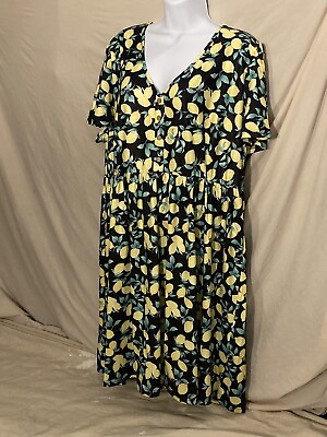 #ad Amzplus Women’s 2XL Black Dress Lemon Print Pullover Buttoned V Neck NWT $13.57