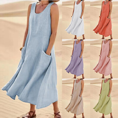 #ad Boho Womens Solid Sleeveless Loose Midi Dress Ladies Ruffled Casual Beach Dress $24.39
