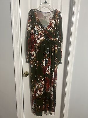 #ad Women’s Green Floral Printed Long Maxi Fall Casual Dress Size Large Tall $9.98