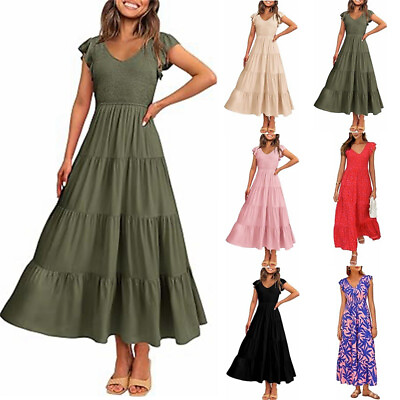 #ad Women#x27;s Summer Flowy Maxi Dress Casual Cap Sleeve V Neck Smocked Beach Sundress $39.91