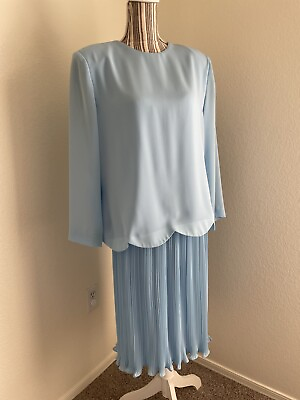 #ad Vtg 80#x27;s Henry Lee Midi Baby Blue Dress 14 Petite Scallop Pleated Skirt Church $49.99