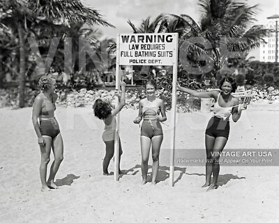 Playful 1930s Girls in Swimsuits Photo Miami Law Requires Full Bathing Suits $9.56