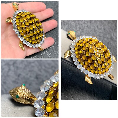 #ad Pin brooch pendant pave rhinestones cute large turtle yellow clear gold gift $20.00