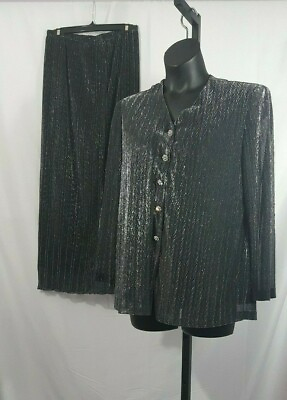 #ad SHE#x27;S LINE New York Size 12 Black amp; Metallic Silver Church Formal Skirt Suit $49.99