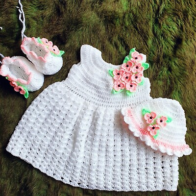 #ad #ad 0 3 Months New Gift Handmade Crochet Baby Girl Party Dress Frock Shoes Hat set $42.00