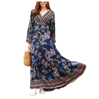 #ad Maxi Dress Bohemian Boho Long Sleeves Freesize Women Mambert Dark Blue Vintage $41.99