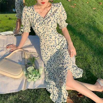 #ad Vintage Printed V Neck Dress Elegant Styles Puff Sleeve Dresses Summer Wears New $36.54