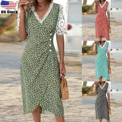 #ad Women#x27;s Lace V Neck Summer Midi Dress Button Casual Holiday Beach Party Dresses $23.09
