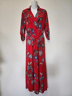 #ad Forever 21 Iris Dress Faux Wrap L Floral Red Collared Roll Tab Maxi Long NWT $16.03