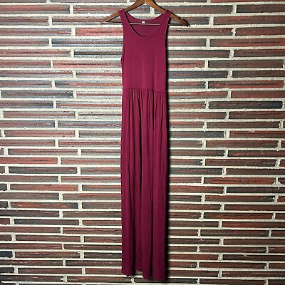 #ad Red Maxi Dress Burgundy Long Sleeveless Casual Pullover Scoop Neck Solid Womens $12.99