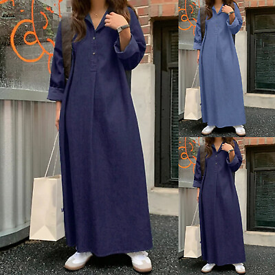 #ad Spring Denim Solid Color Bohemian Maxi Dress: Casual Plus Size Long Dress For $39.63