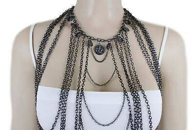 #ad Hot Women Black Body Metal Chain Jewelry Set Fashion Long Harness Necklace Coins $18.75