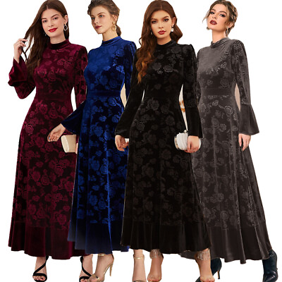 #ad Women Velvet Long Sleeve Maxi Dress Party Kaftan Abaya Turkey Evening Dubai Gown $37.04