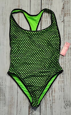 XHILARATION TARGET ONE PIECE SWIMSUIT JUNIORS SIZE M NETTED GREEN BLACK $17.40