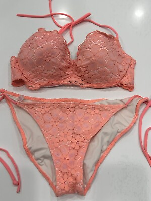 #ad Victoria Secret Peach Lace U W Top 34C amp; #x27;Tiny Bikini#x27; Bottoms L Perf NEW $34.99