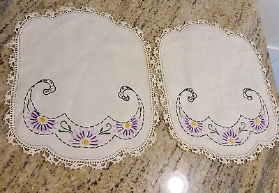 #ad Dresser Scarf Set of 2 Crochet Edge Embroidered Purple Flower 11x9quot; $12.99