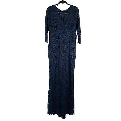Marina Dress Womens 8 Navy Blue Metallic Lace Maxi 3 4 Sleeve V Neck Formal NWT $79.00
