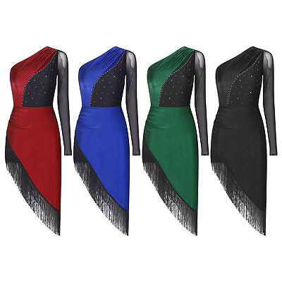 #ad Womens Dance Dress Contrast Color Costume Rhinestones Dancewear Tassel Dresses $17.28