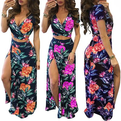Women Floral Print Summer Beach Party Dress Crop Tops Long Skirt 2 Piece Dresses $19.99