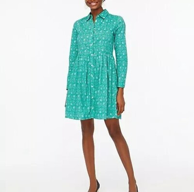 #ad J.Crew Green Floral Button Down Long Sleeve Mini Skirt Dress Size 8 $17.00