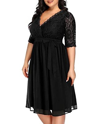 #ad Pinup Fashion Black Cocktail Dress Plus Size Women Lace Top Chiffon Wedding $26.39