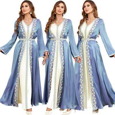 #ad Dubai Women Muslim Open Cardigan Kimono Maxi Dress Sets Islamic Kaftan Dresses $53.88