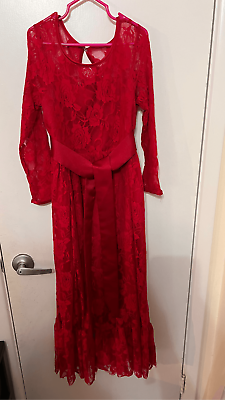 #ad Girls Lace Long Sleeves Scoop Neck Belted Pullover Long Maxi Dress Red Sz 8 9Y $35.00