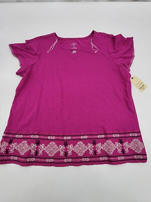 Women#x27;s St. John#x27;s Bay S S Cute Summer T Shirt Top XL Pink Embroidered NEW $6.99