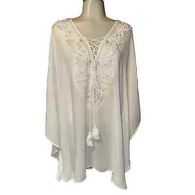 #ad Chicos Size L XL White Beaded Flowy Butterfly Sleeve Tunic Beach Cover Up $28.00