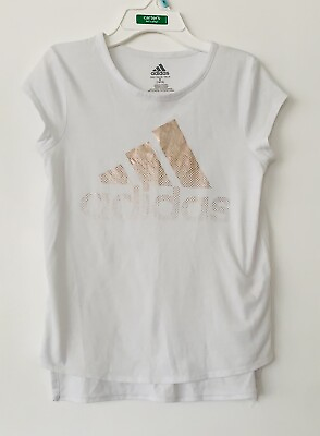 Adidas Girls White Shirt With Rose Gold Adidas Logo across Front size 10 12 $6.99