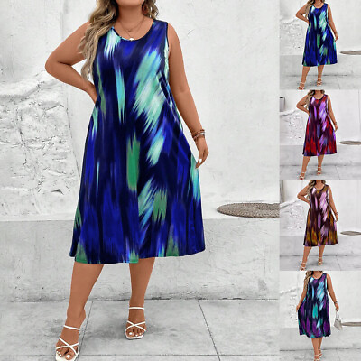 #ad Plus Size Womens Tie Dye Sleeveless Tank Midi Dress Ladies Casual Loose Sundress $19.59