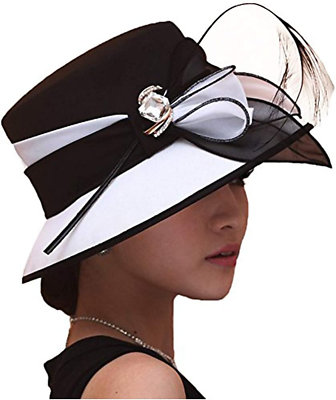 Women Church Hats Formal Dress Derby Hats with Feather Elegant Bucket Hats Blac $99.99