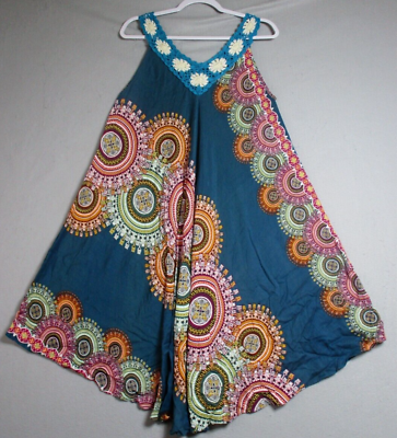 Womens Boho Dress Medium Blue Geometric Crochet V Neck Flowy Gypsy Festival 1869 $18.73