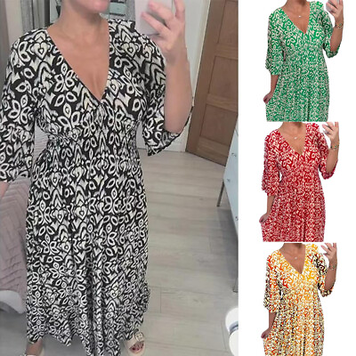 #ad Plus Size Summer V Neck Floral Dress for Women Loose Casual Print Long Dresses $18.99
