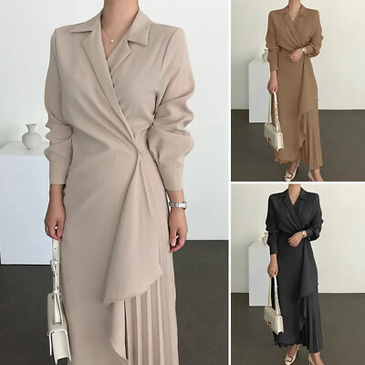#ad Women Elegant Long Sleeves Party Casual Ladies Shirt Dress Pleated Maxi Dresses $39.99