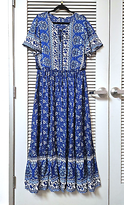 #ad blue floral print ruffle hem maxi long dress 1XL $22.50